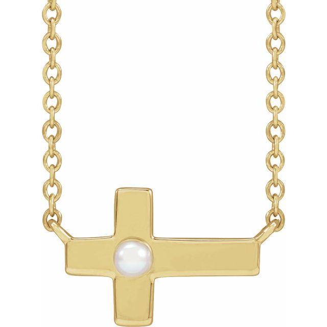 seed pearl sideways cross necklace in 14k yellow gold