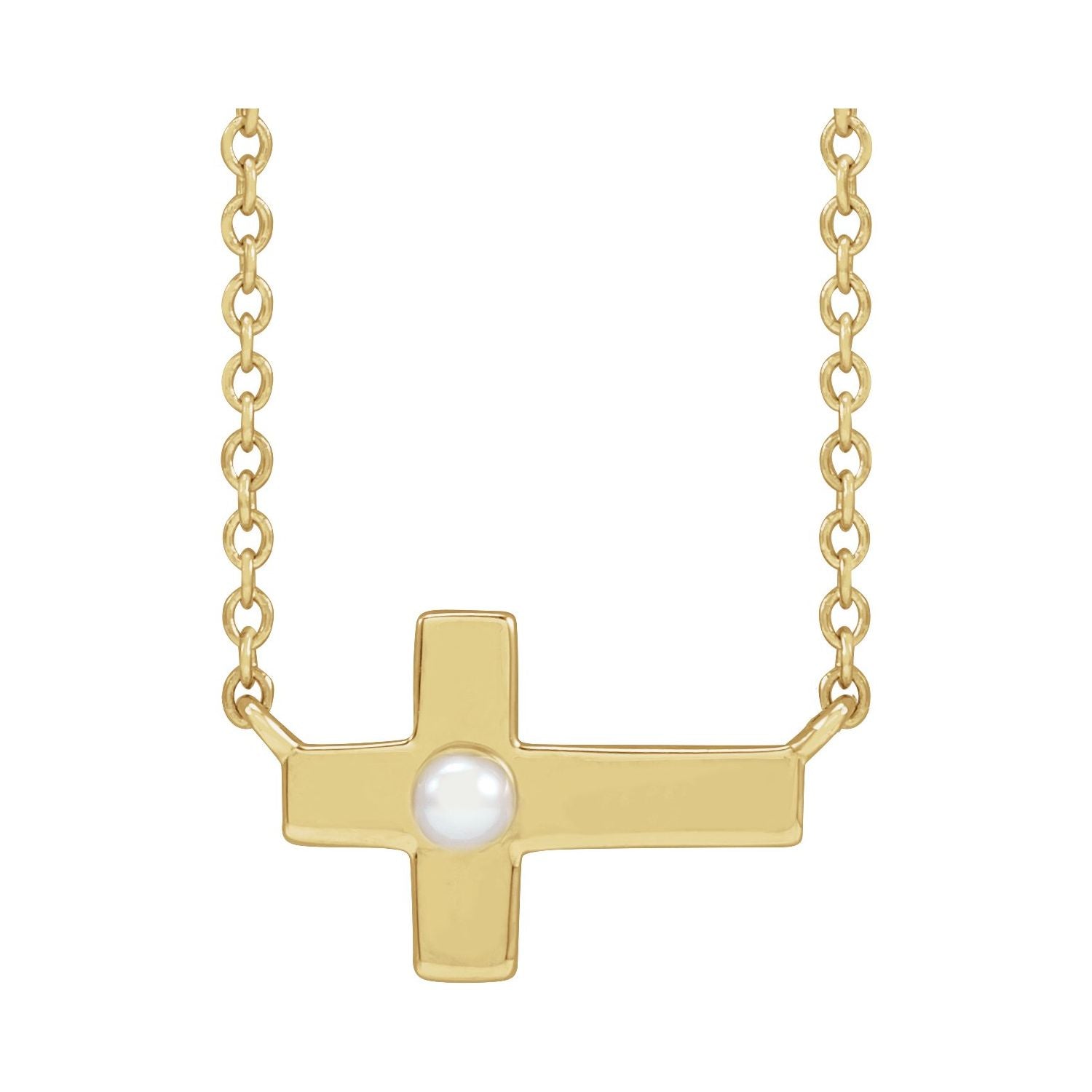 Seed Pearl Sideways Cross Necklace in 14K Yellow Gold