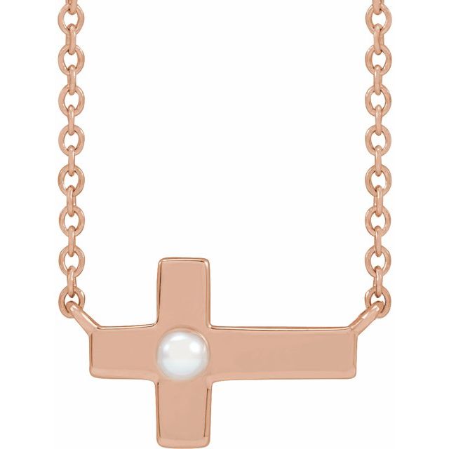 seed pearl sideways cross necklace in 14k rose gold