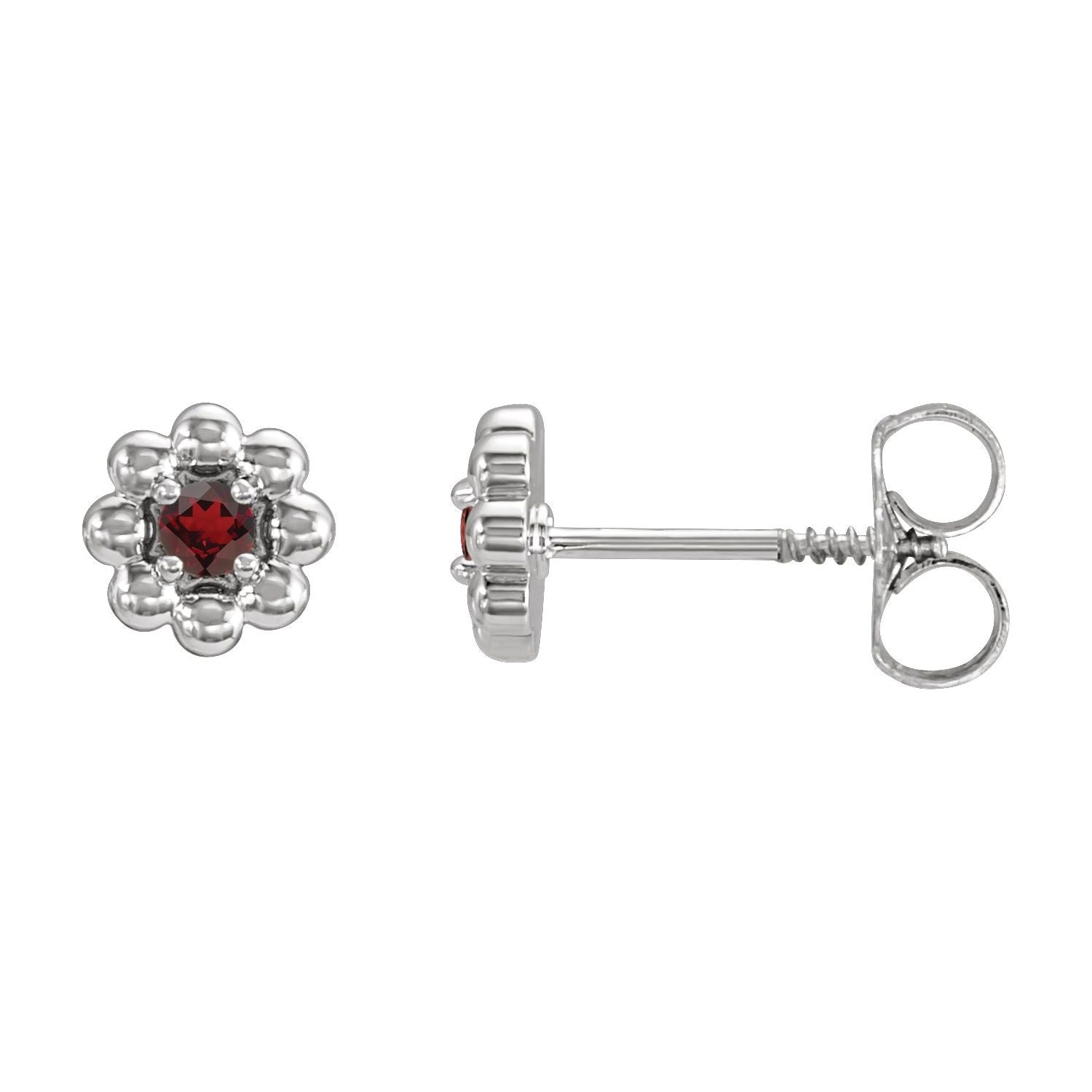 14K White Gold round natural garnet petite flower earrings