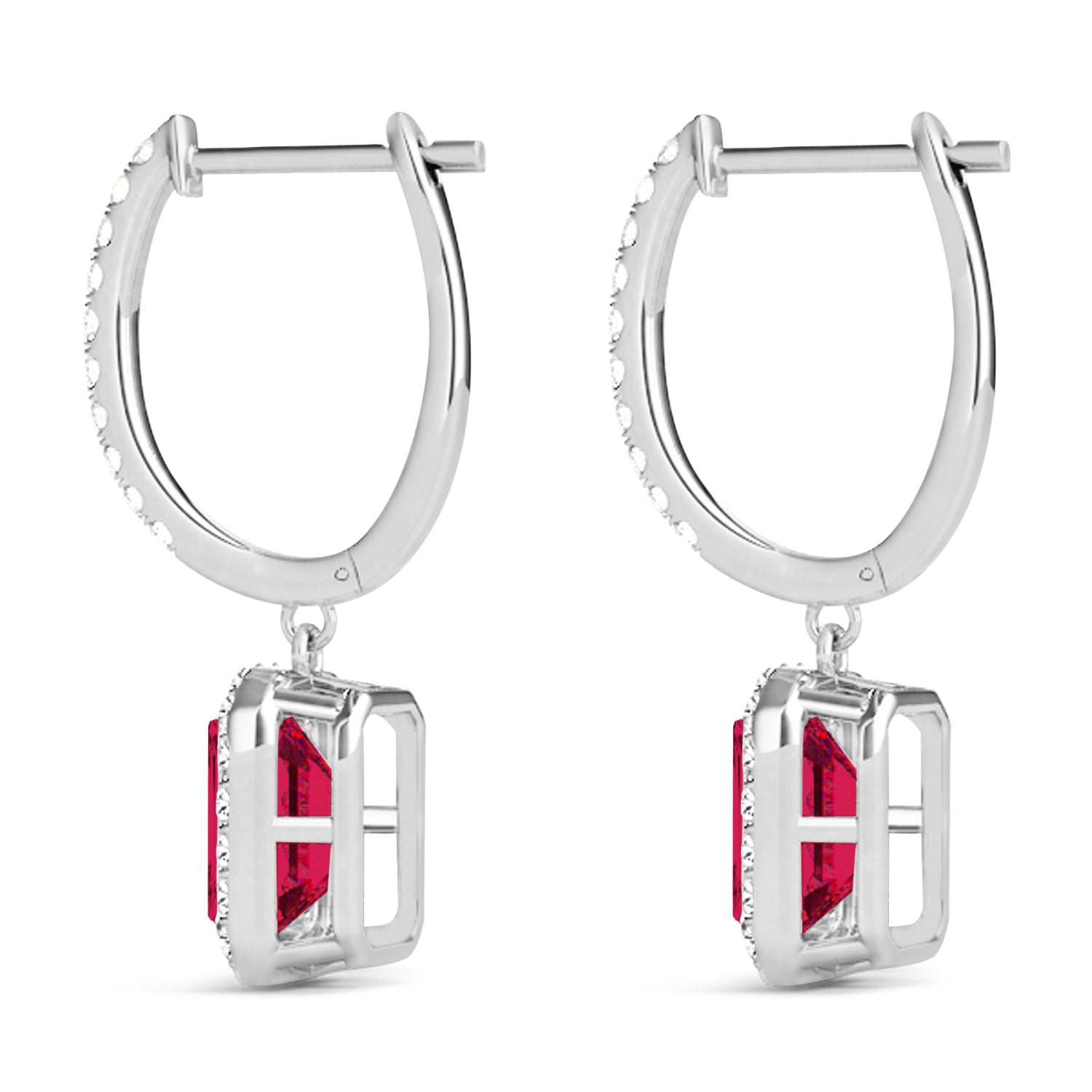 diamond halo and emerald cut ruby earrings in 14k white gold back