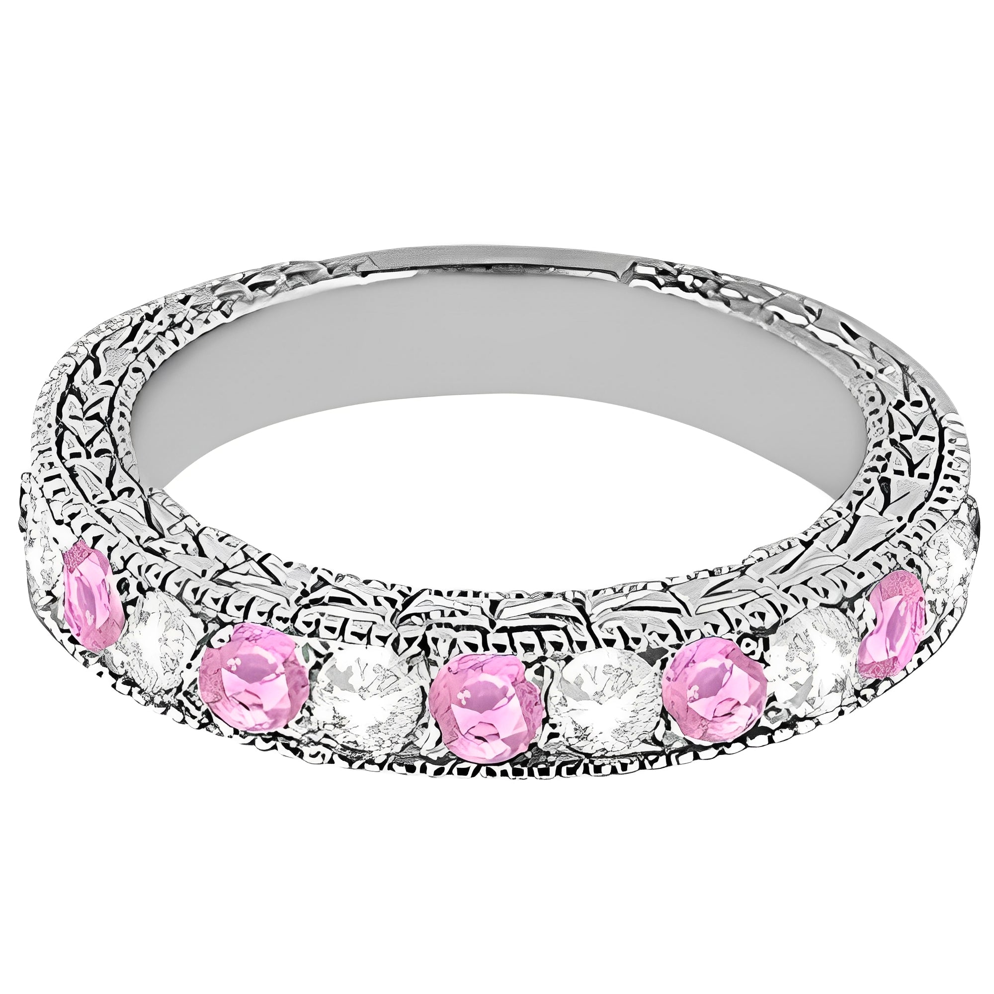 Antique Pink Sapphire & Diamond Wedding Band in 14K White Gold (1.05ct) – Milgrain Semi-Eternity Pavé Ring front view