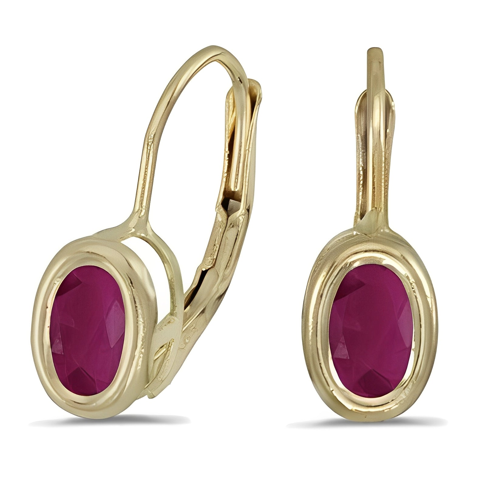 Bezel-Set Oval Ruby Lever-Back Earrings 14k Yellow Gold Side Front View
