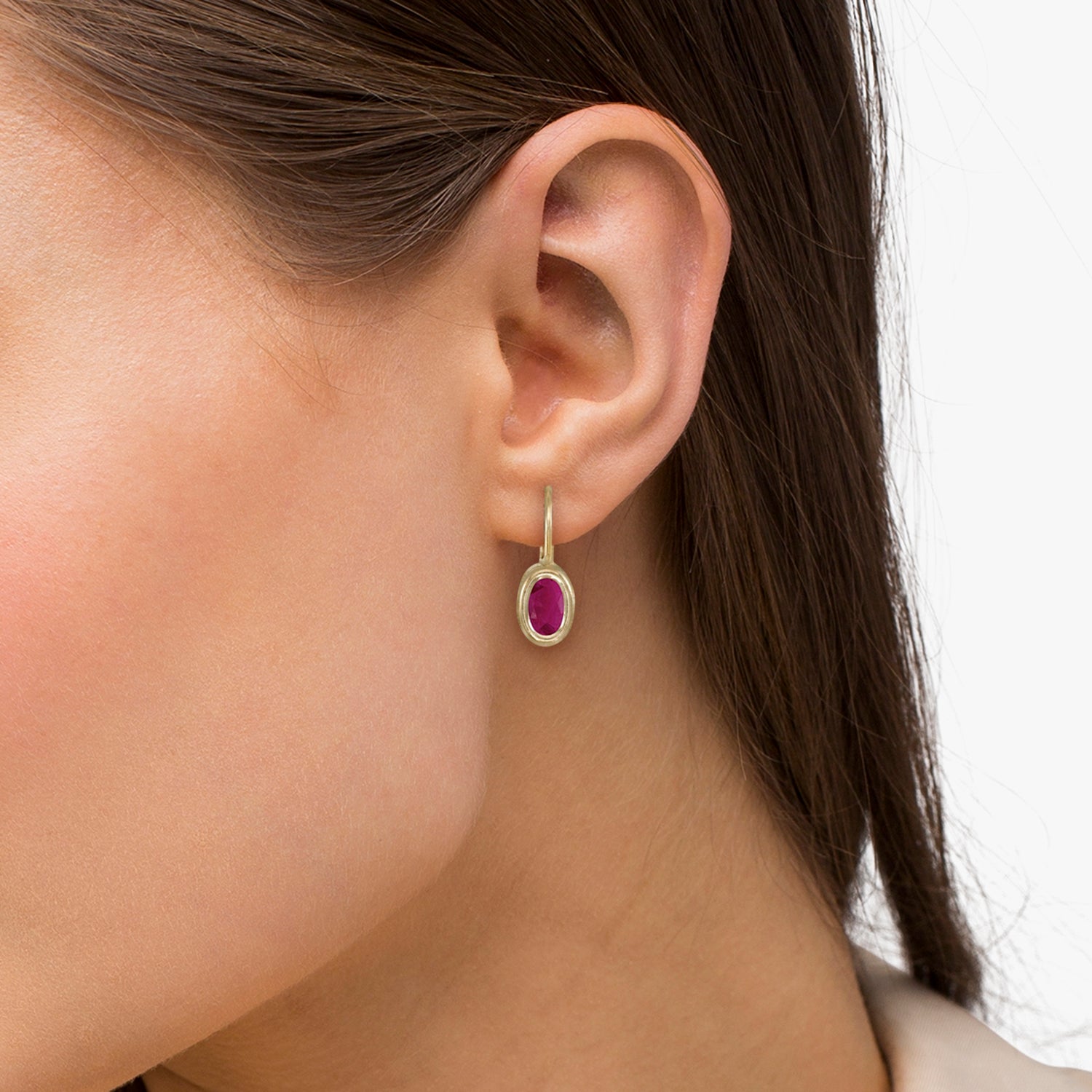 Bezel-Set Oval Ruby Lever-Back Earrings 14k Yellow Gold on Woman
