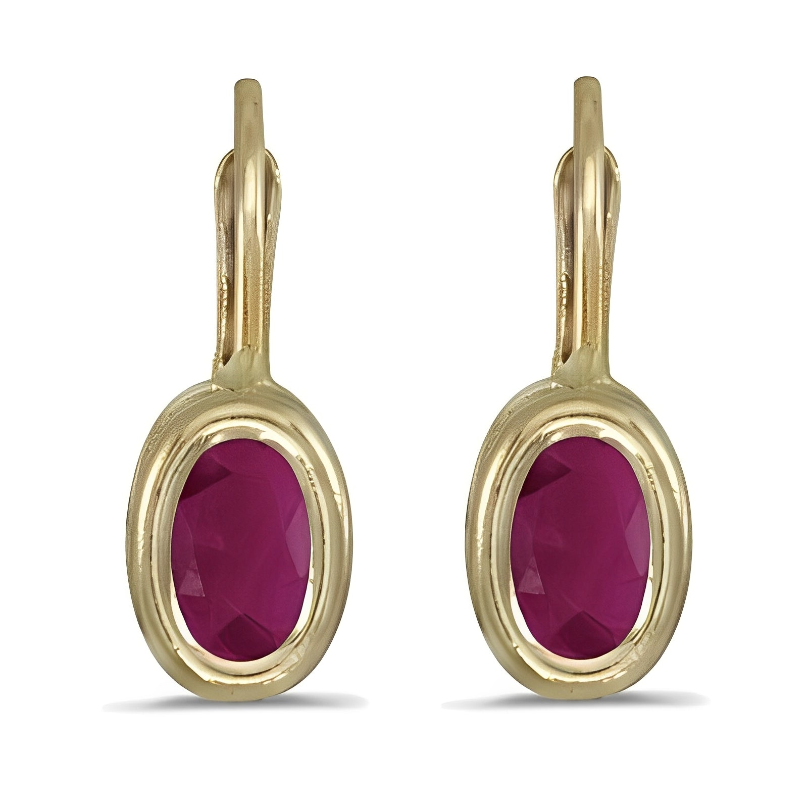 Bezel-Set Oval Ruby Lever-Back Earrings 14k Yellow Gold Front View