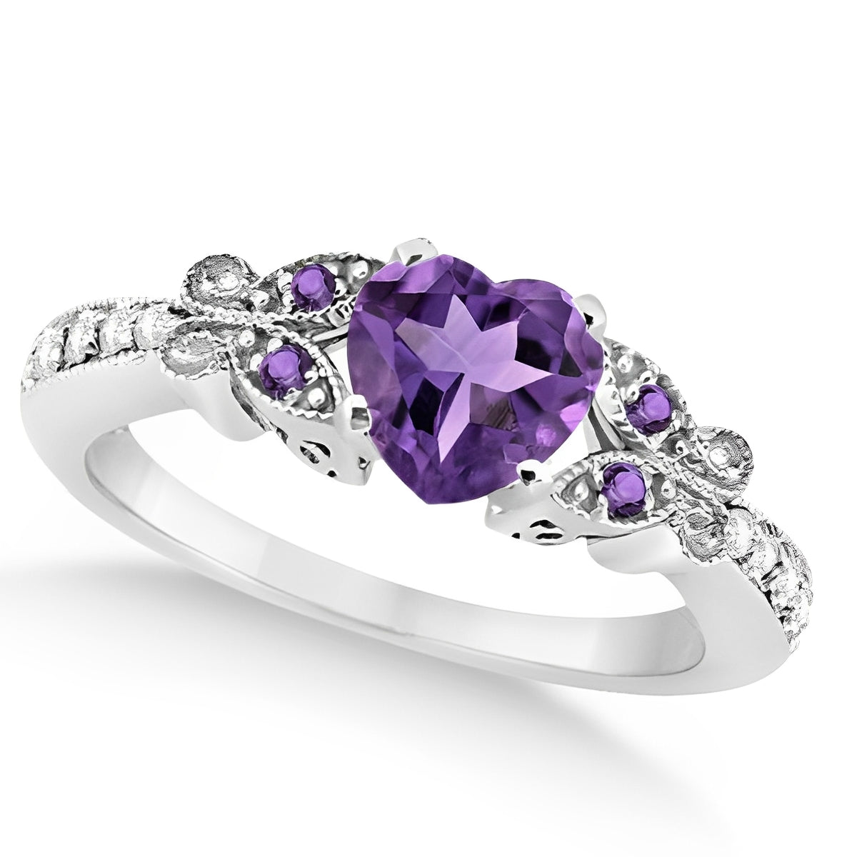 Butterfly Diamond & Amethyst Engagement Ring in 14k White Gold Top View