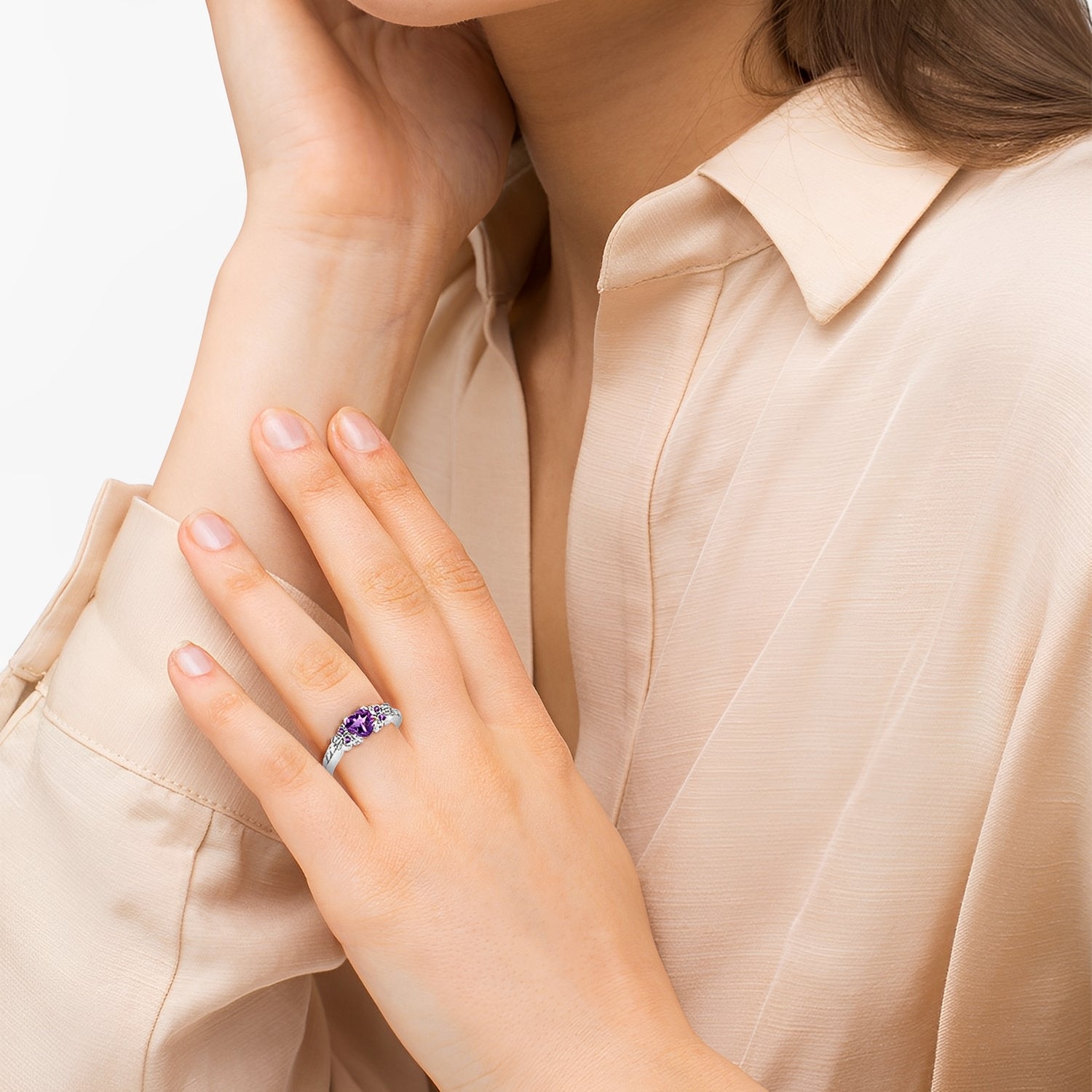 Butterfly Diamond & Amethyst Engagement Ring in 14k White Gold on Woman