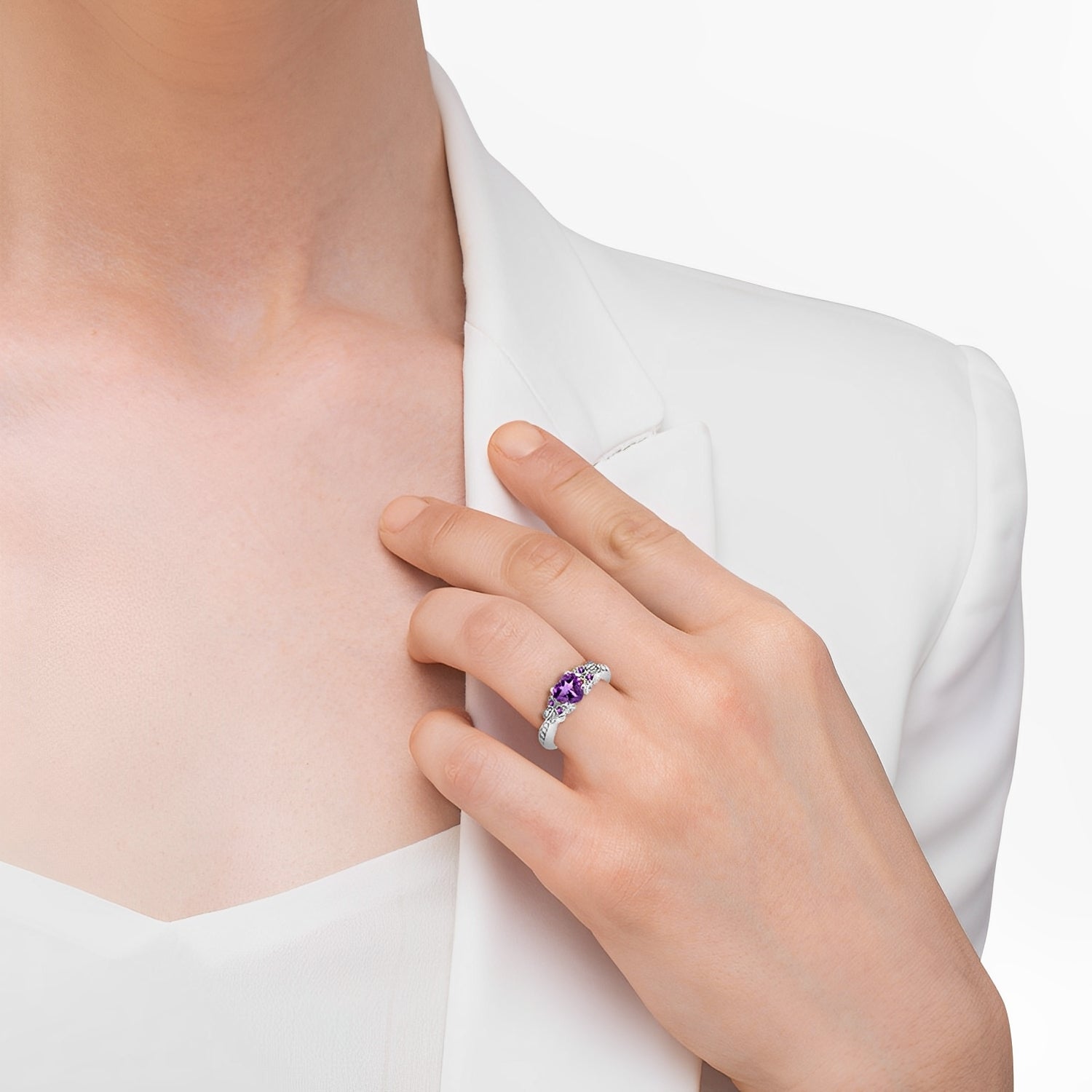 Butterfly Diamond & Amethyst Engagement Ring in 14k White Gold when Worn