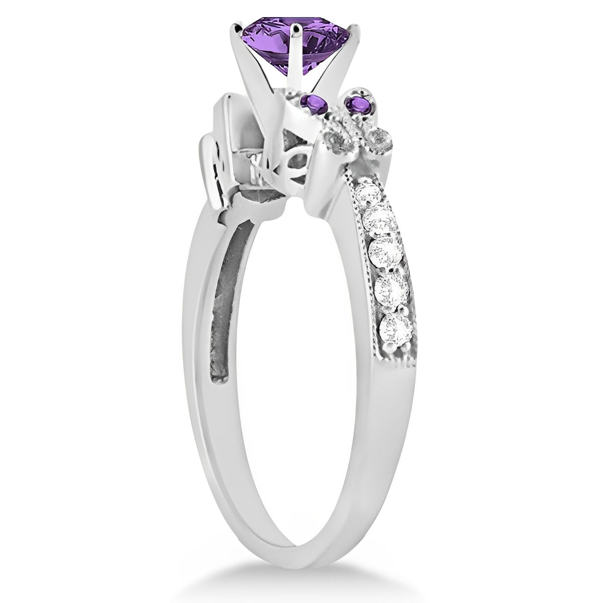 Butterfly Diamond & Amethyst Engagement Ring in 14k White Gold Side View