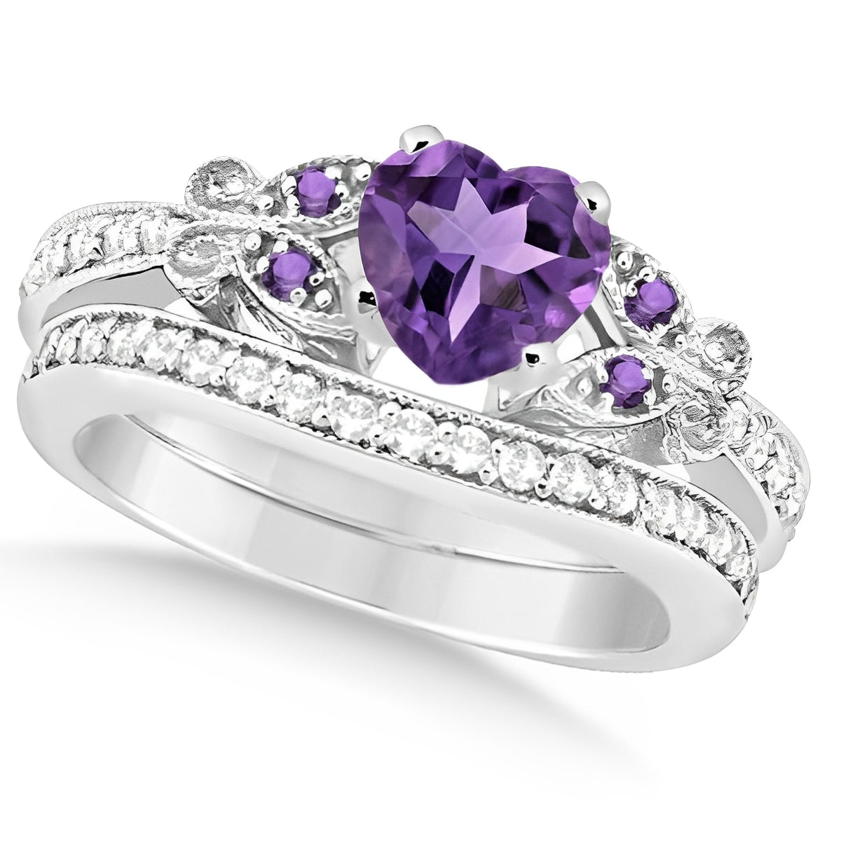 Butterfly Diamond & Heart Amethyst Bridal Set in 14k White Gold Top View