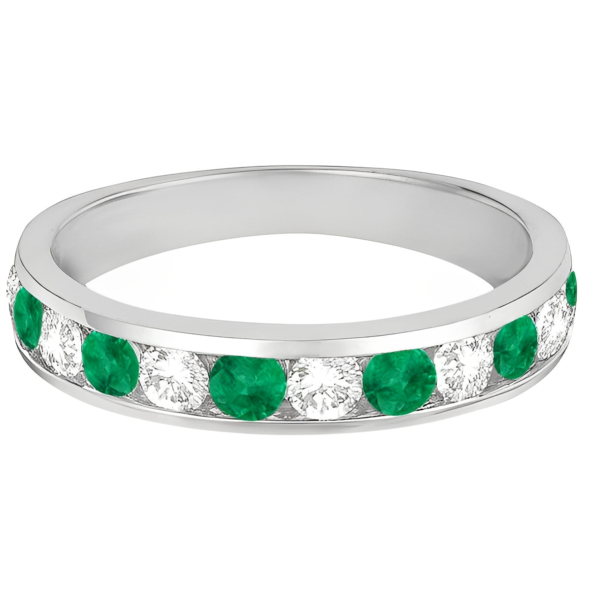 Channel-Set Emerald & Diamond Ring Band 14k White Gold (1.20ctw) Flat View
