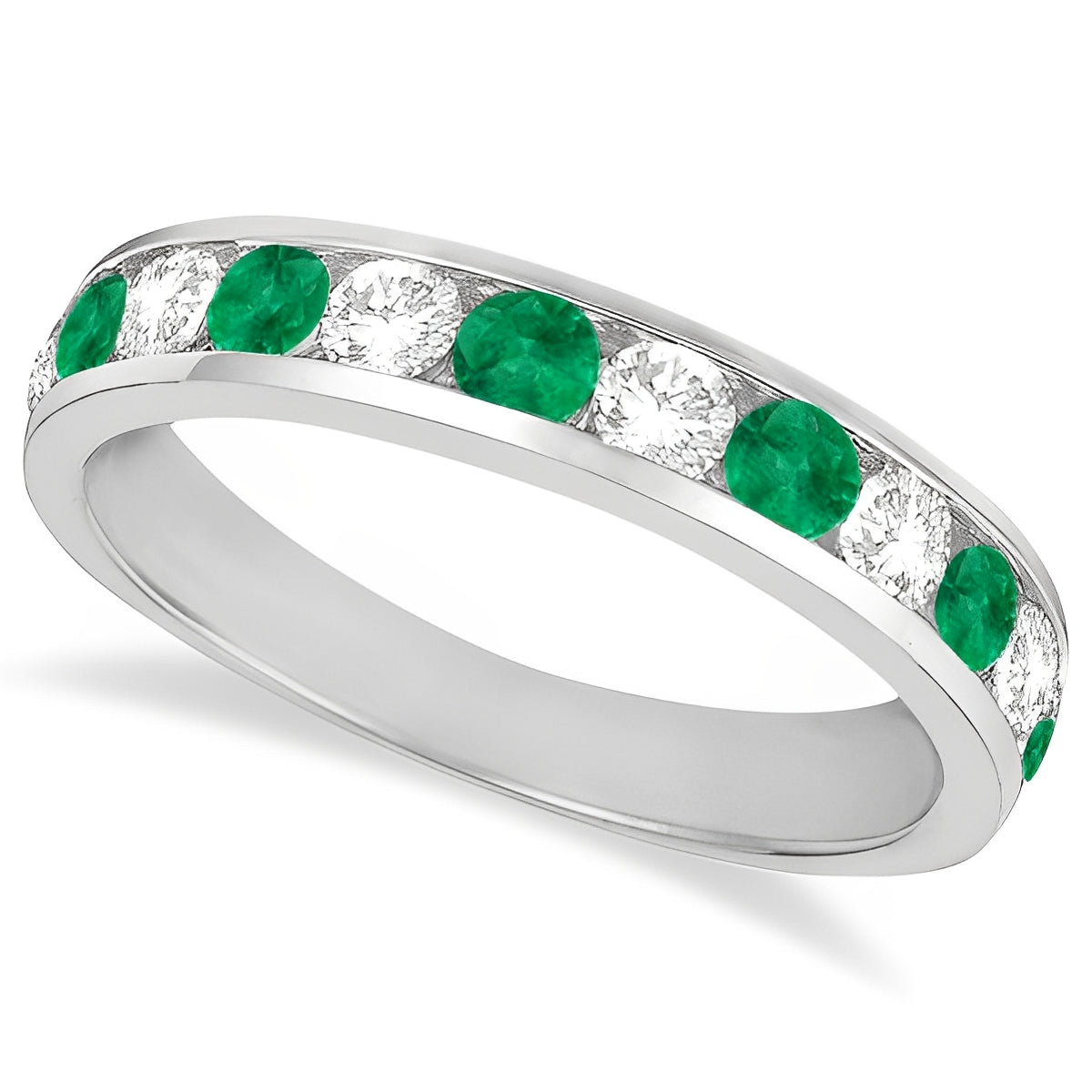 Channel-Set DIamond & Emerald Ring Band 14k White Gold (1.20ctw) Top View