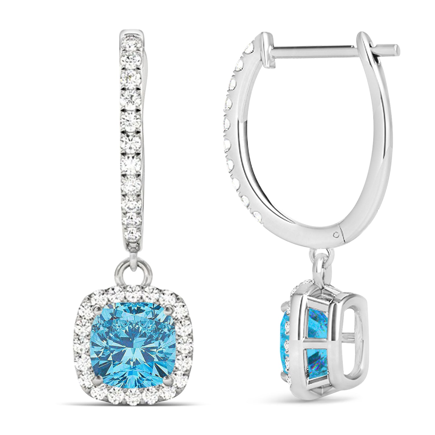 Cushion Cut Blue Topaz & Diamond Halo Dangling Earrings in 14K White Gold (3.00ct Total) – Elegant Fine Jewelry Gift for Women front and side view