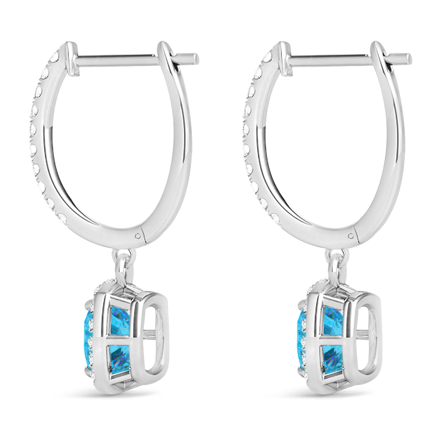 Cushion Cut Blue Topaz & Diamond Halo Dangling Earrings in 14K White Gold (3.00ct Total) – Elegant Fine Jewelry Gift for Women side and back view