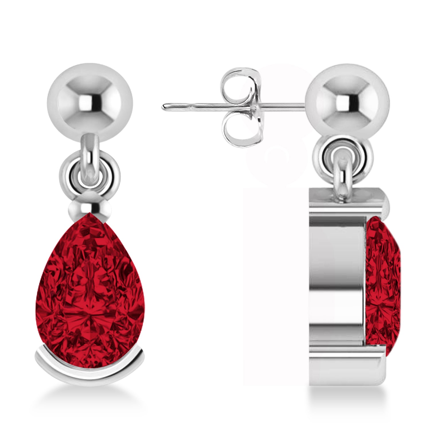 Dangling Pear Ruby Earrings in 14k White Gold (2.00ct) Front and Side View