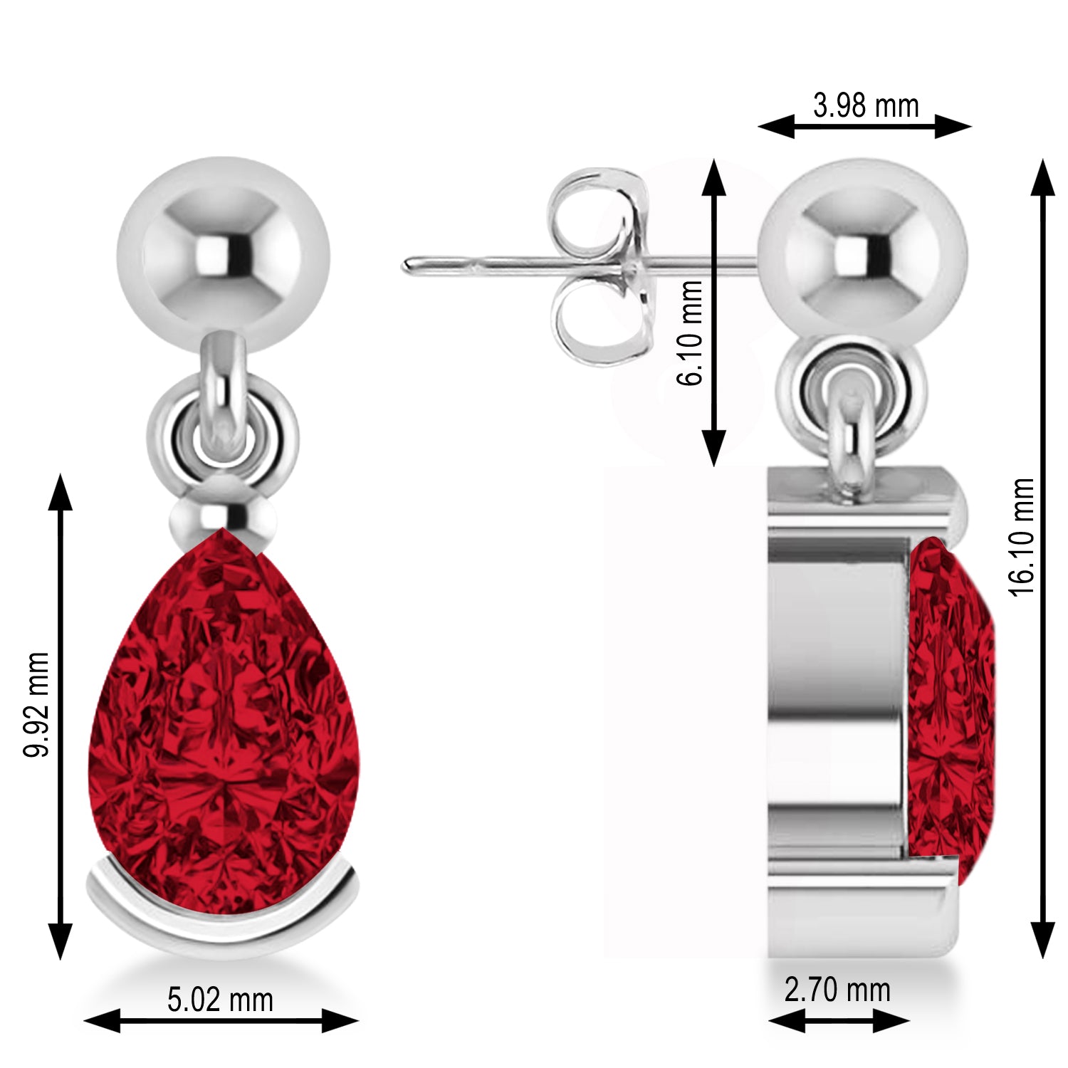 Dangling Pear Ruby Earrings in 14k White Gold (2.00ct) Measurements