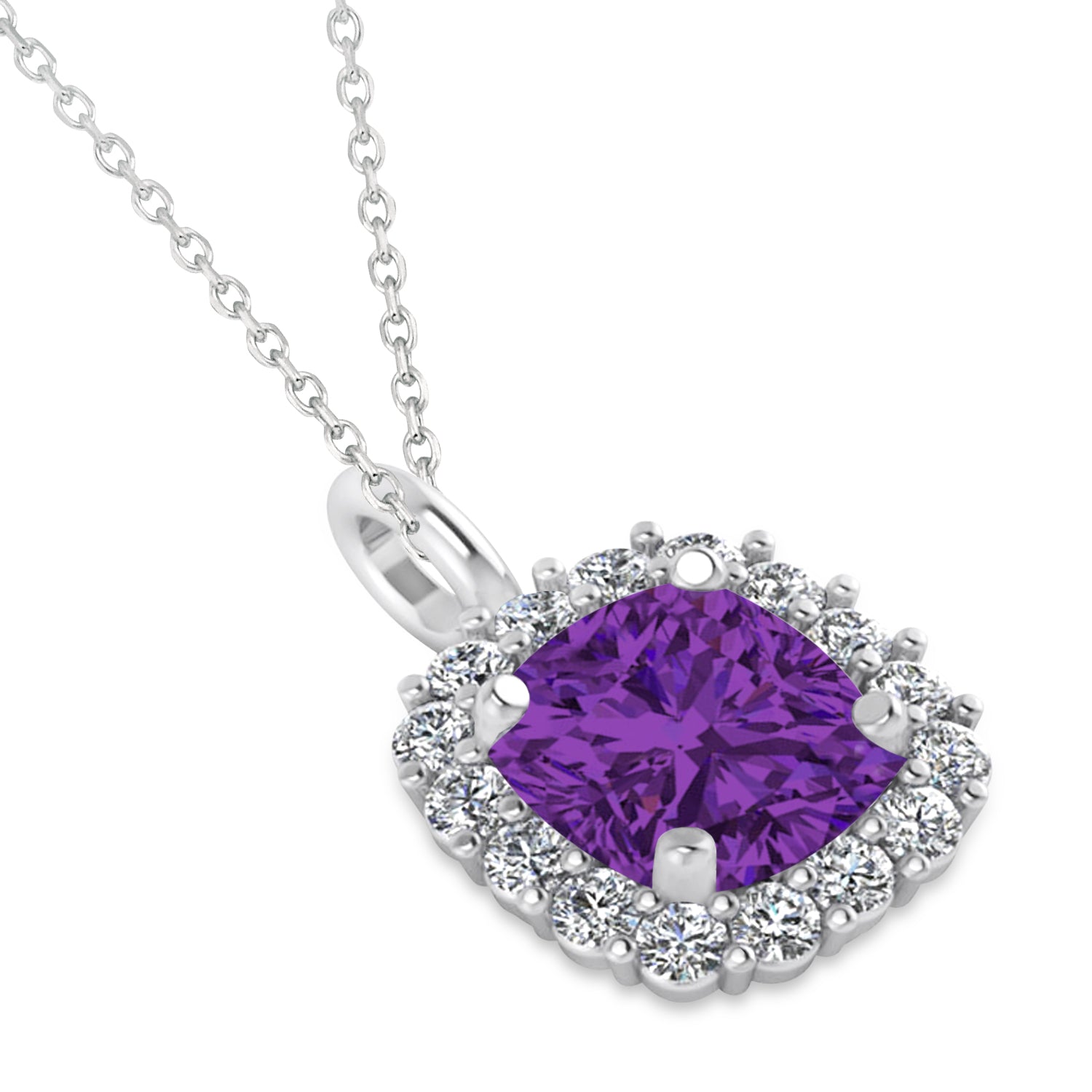 Diamond Halo & Cushion Cut Amethyst Necklace in 14k White Gold (0.92ct) Flat View