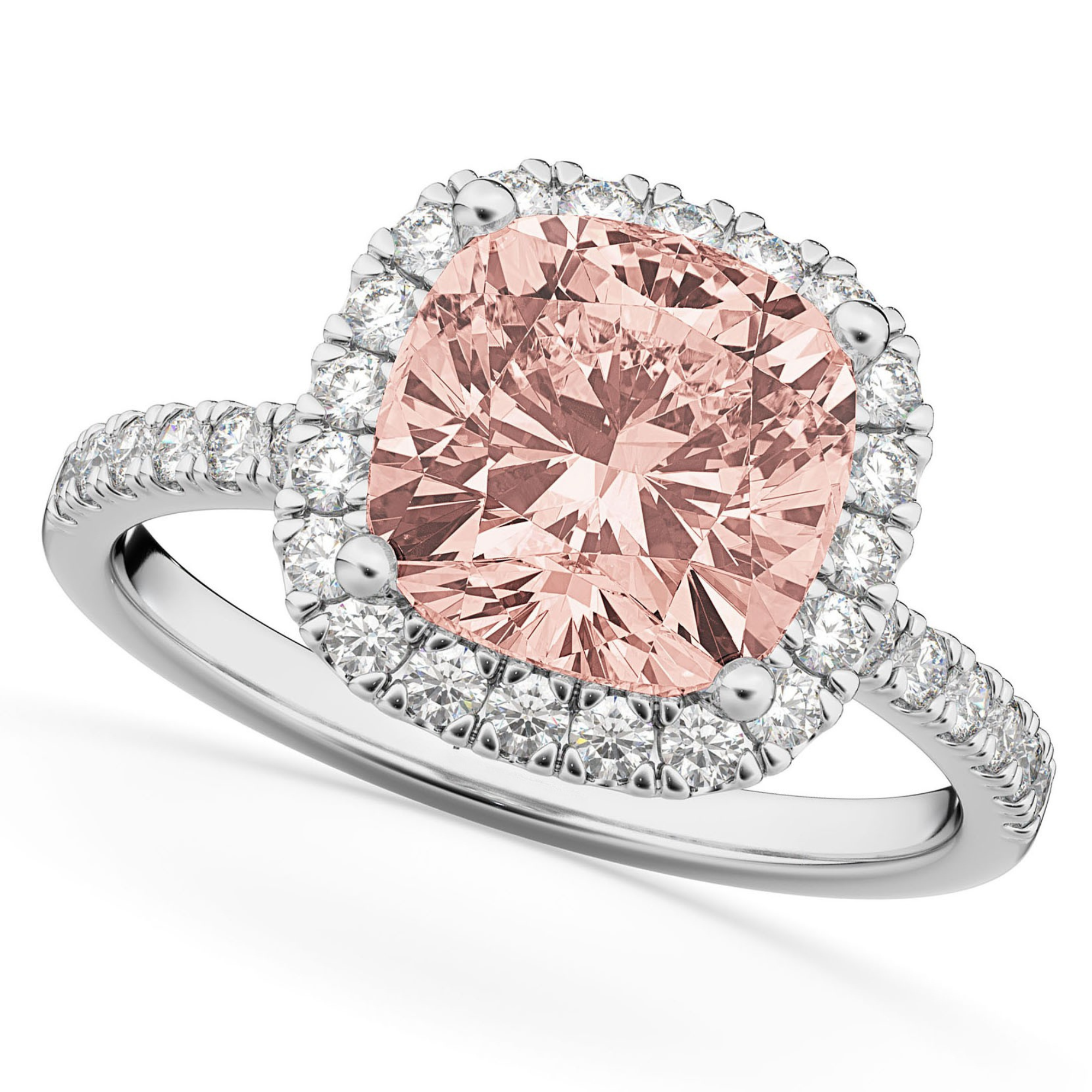 Diamond Halo & Cushion Cut Morganite Ring 14k White Gold (3.11ct) Top View