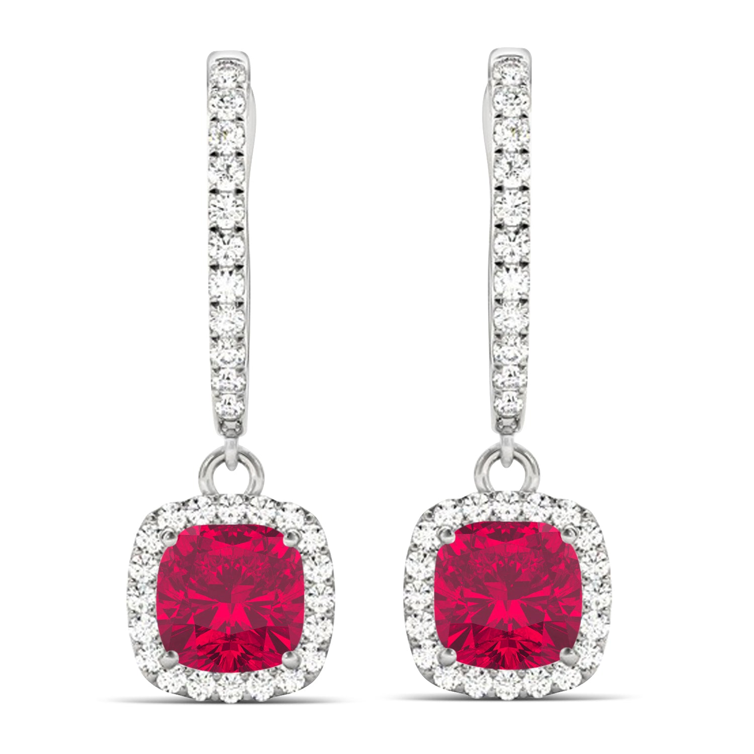 Diamond Halo & Cushion Ruby Dangling Earrings in 14k White Gold (3.40ct) Front View