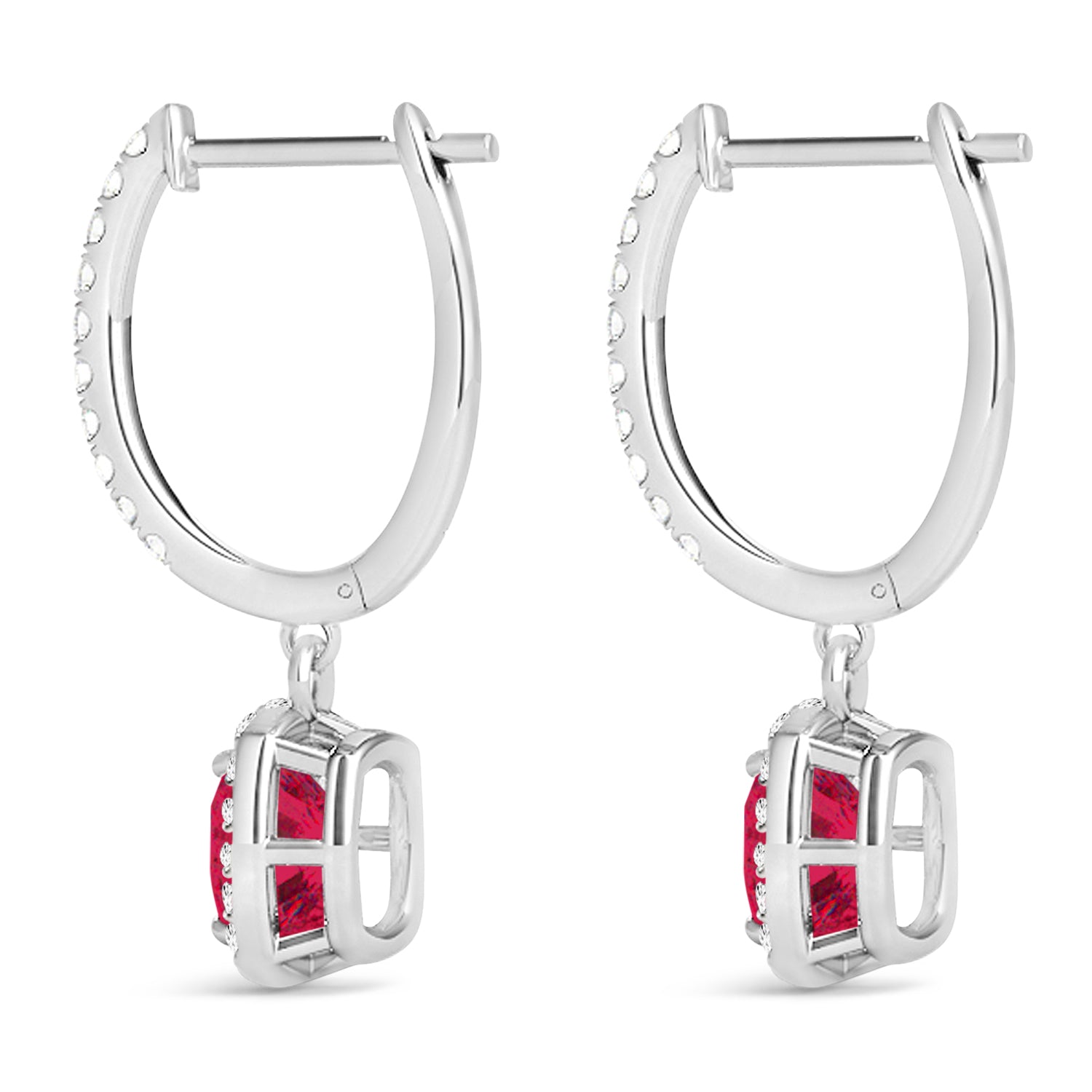 Diamond Halo & Cushion Ruby Dangling Earrings in 14k White Gold (3.40ct) Back View