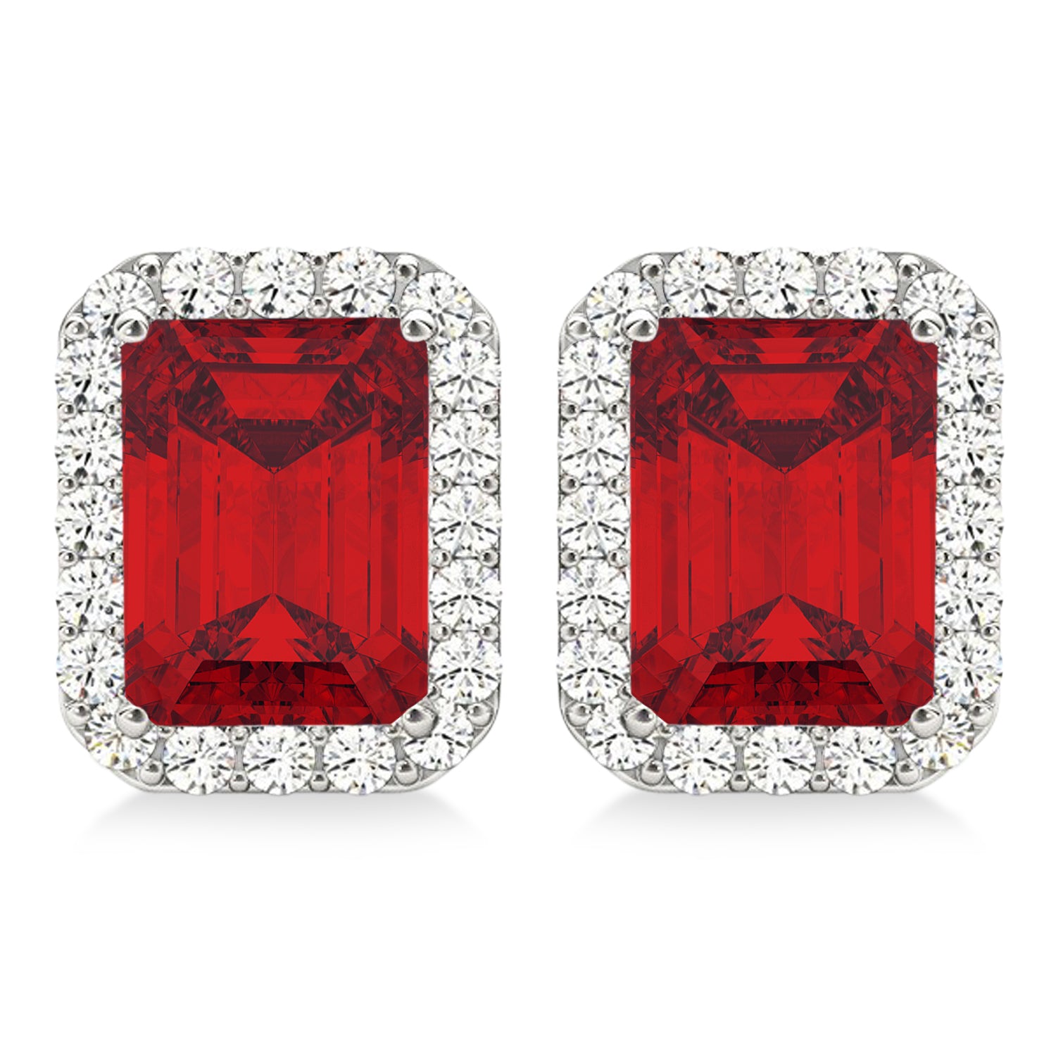 Diamond Halo & Emerald Cut Ruby Earrings in 14k White Gold (2.60ct) Front View