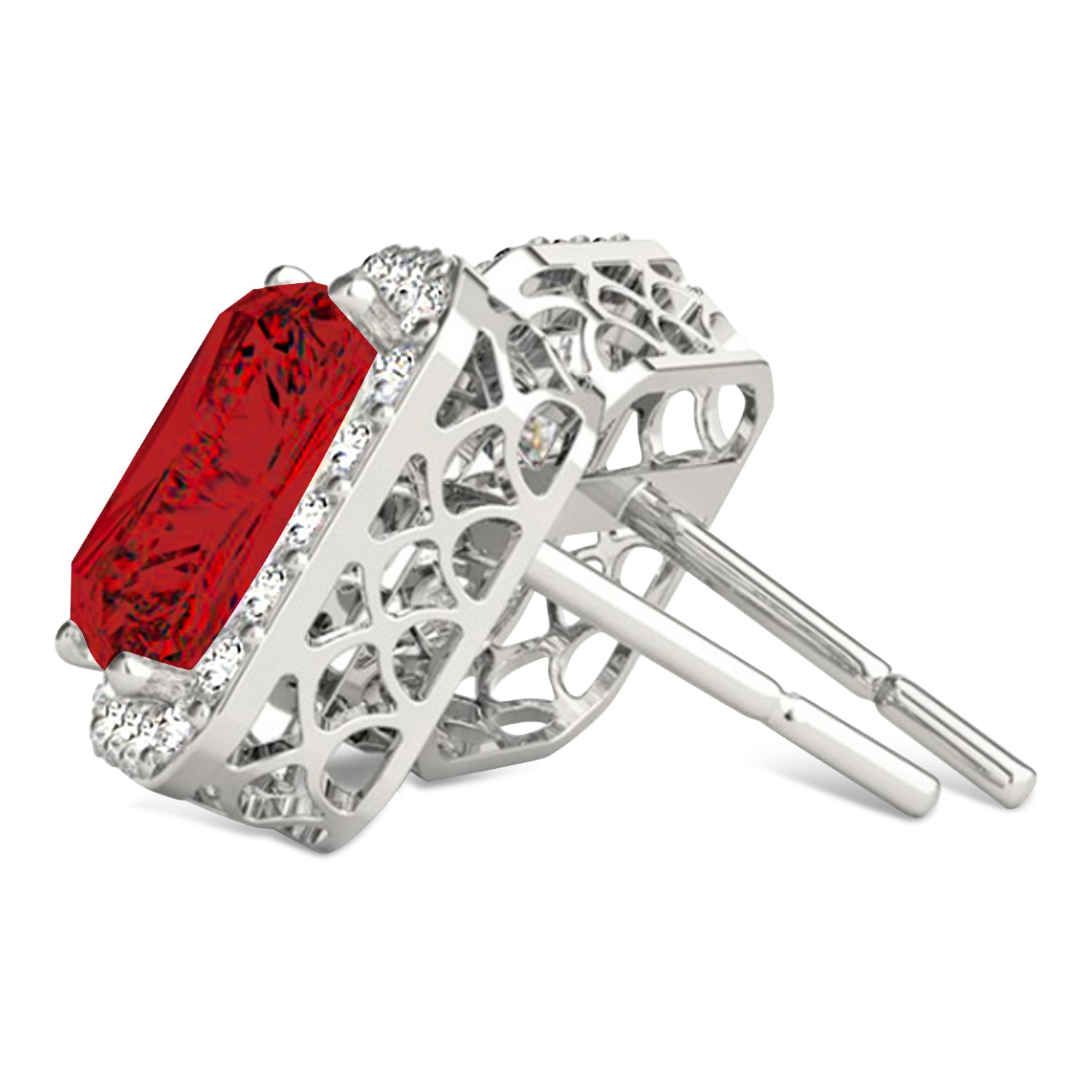 Diamond Halo & Emerald Cut Ruby Earrings in 14k White Gold (2.60ct) Side View