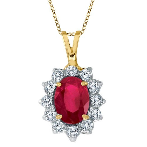 Diamond Halo & Oval Ruby Necklace in 14K Gold 1.8ct  front view
