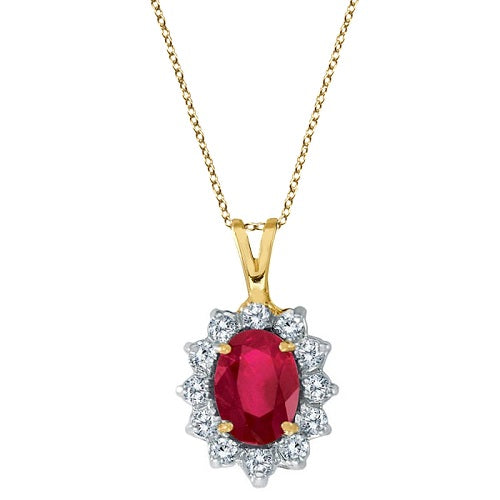 Diamond Halo & Oval Ruby Necklace in 14K Gold 1.8ct  with chain