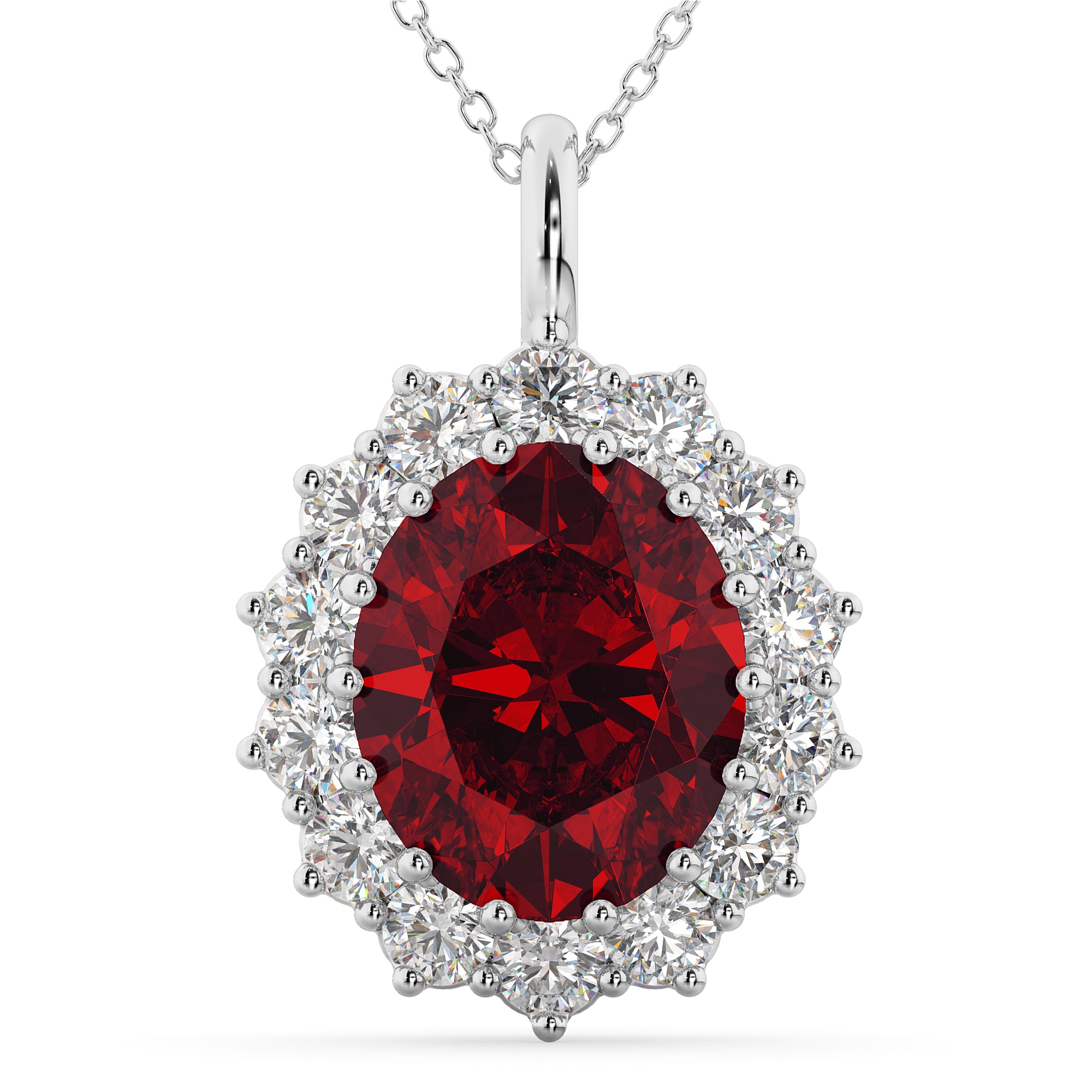 Diamond Halo & Oval Ruby Necklace in 14K White Gold 6.4ct front view