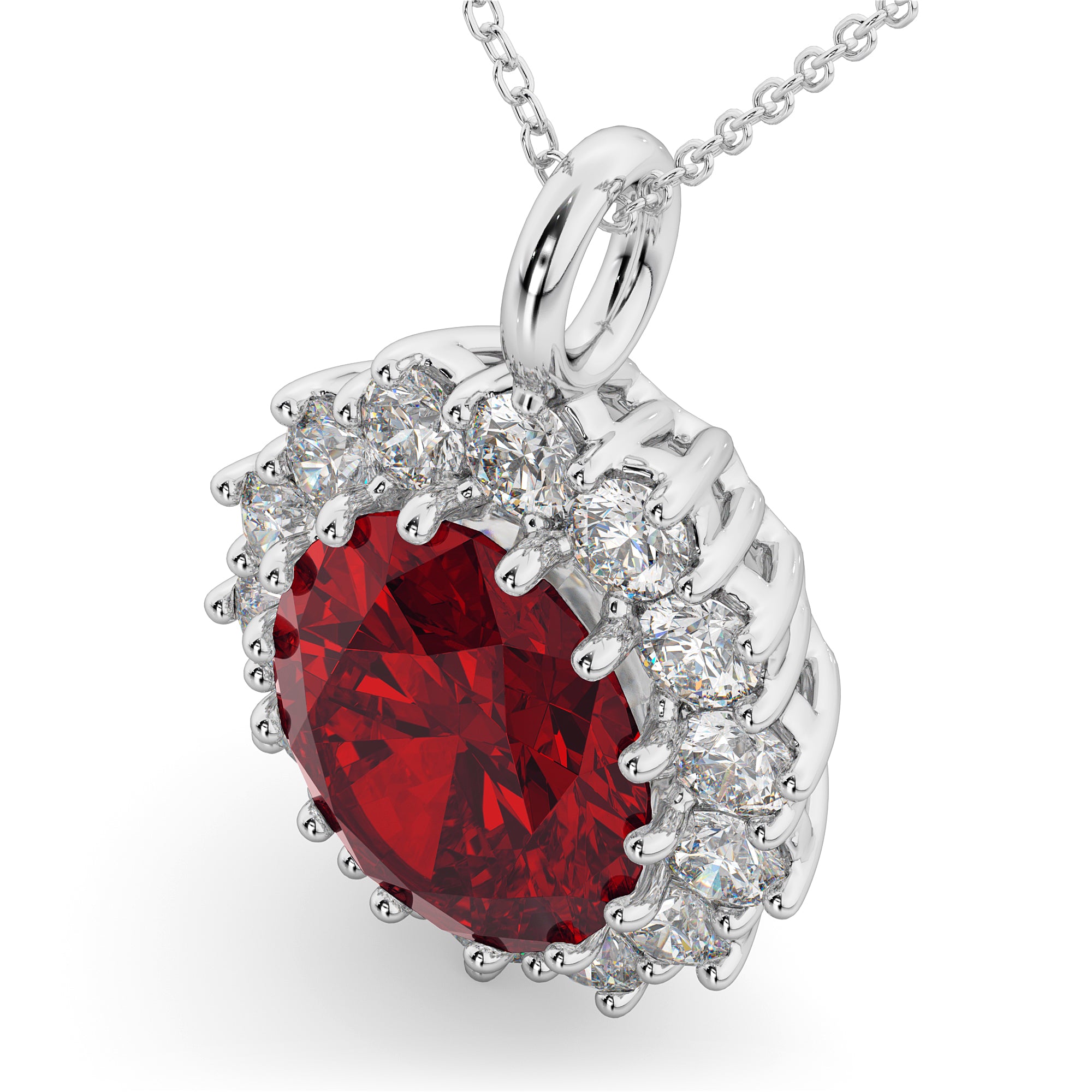 Diamond Halo & Oval Ruby Necklace in 14K White Gold 6.4ct angled view