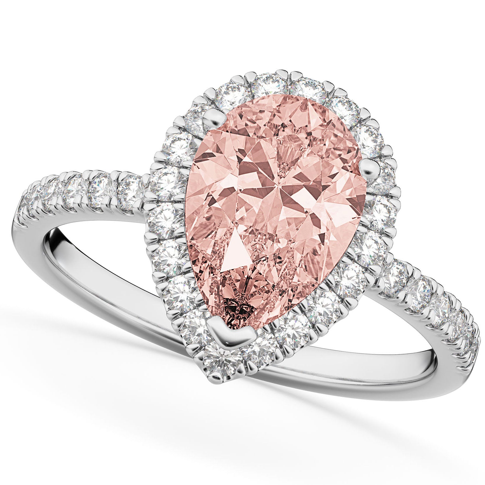 Diamond Halo & Pear Cut Morganite Ring in 14k White Gold (2.51ct) Top View