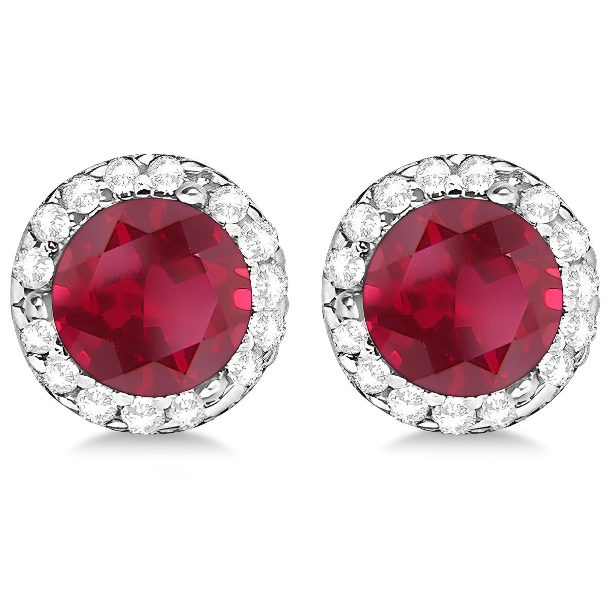 Diamond Halo & Ruby Earrings in 14K White Gold (1.15ct) Front View