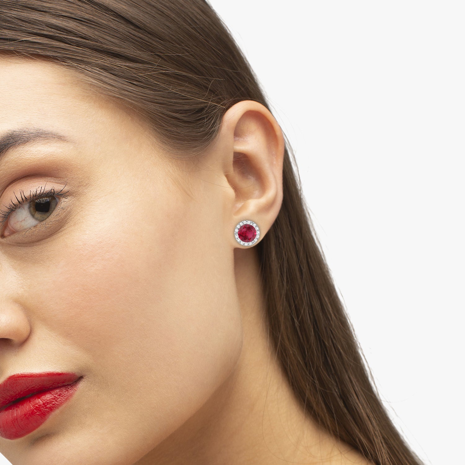 Diamond Halo & Ruby Earrings in 14K White Gold (1.15ct) on Woman