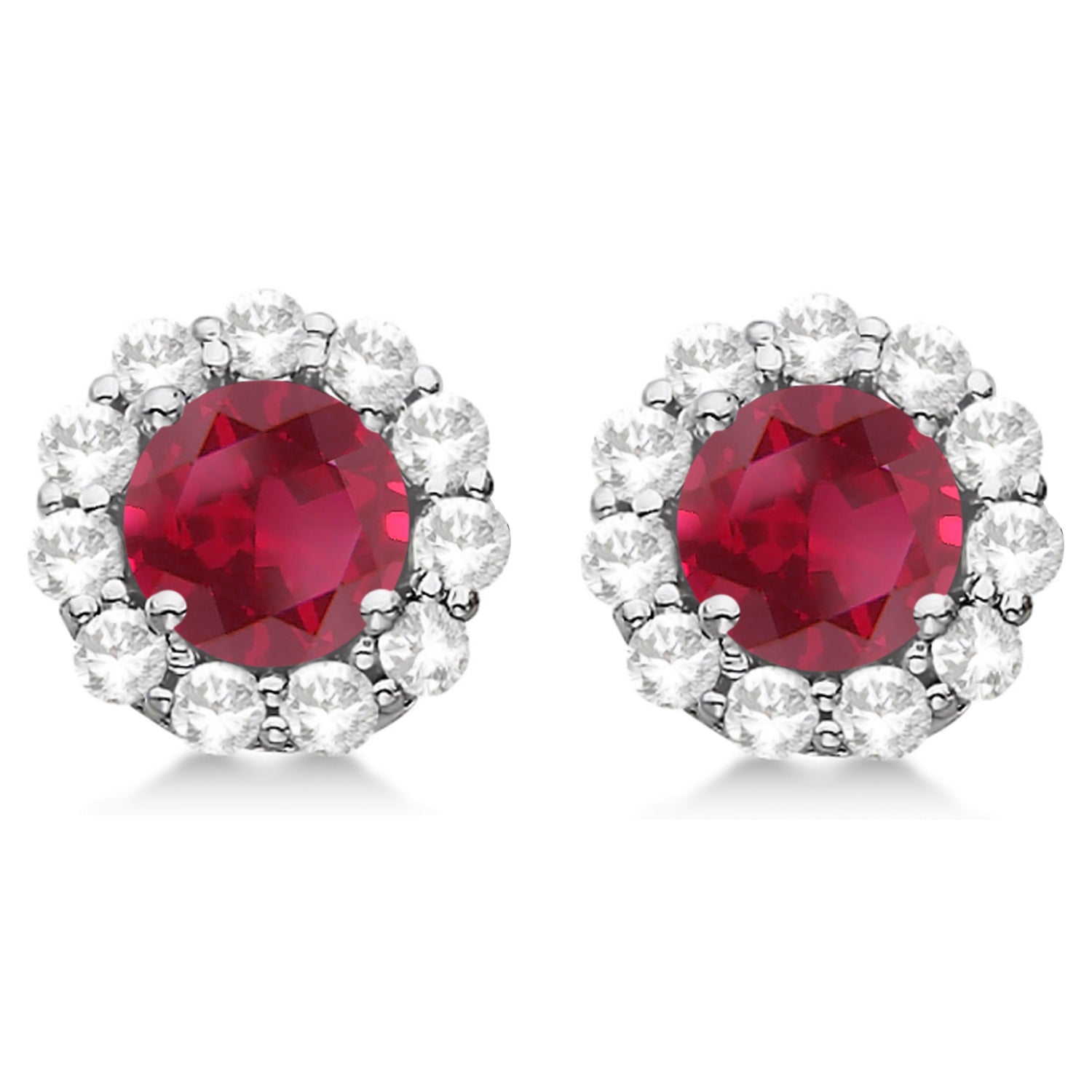 Diamond Halo & Ruby Stud Earrings in 14kt White Gold (2.62ct) Front View