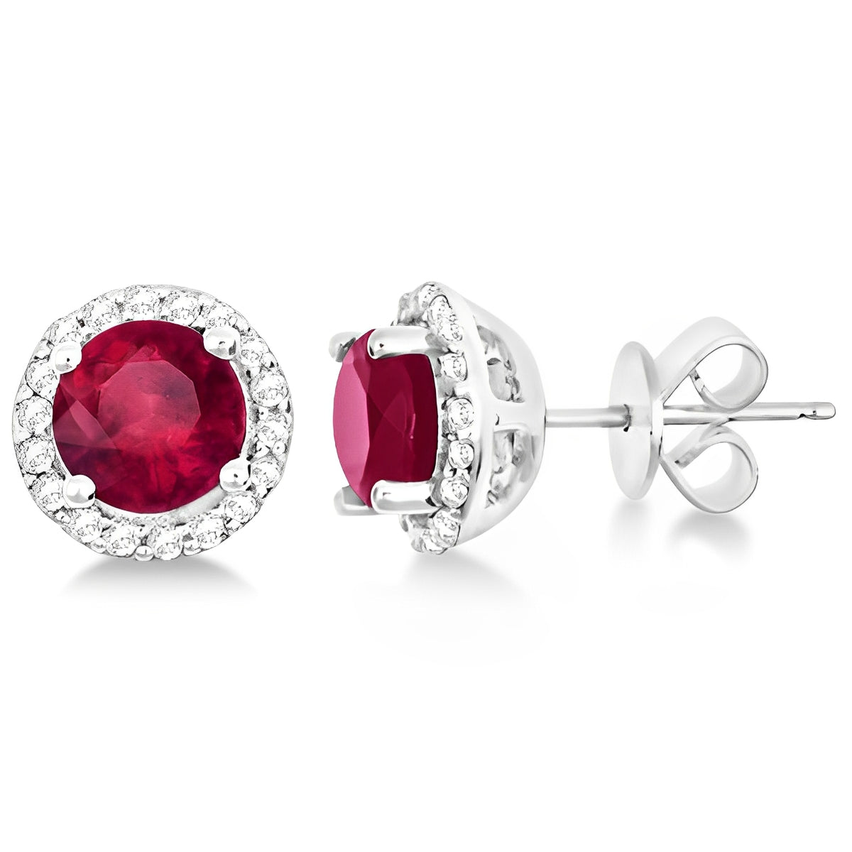 Diamond Halo & Ruby Stud Earrings in Sterling Silver 2.27ct Front Side View
