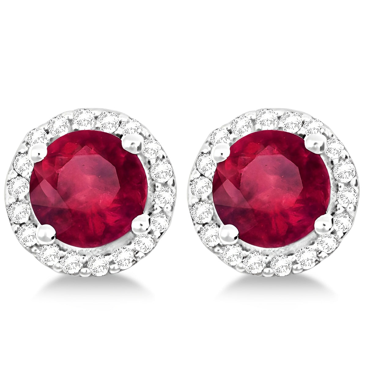 Diamond Halo & Ruby Stud Earrings in Sterling Silver 2.27ct Front View