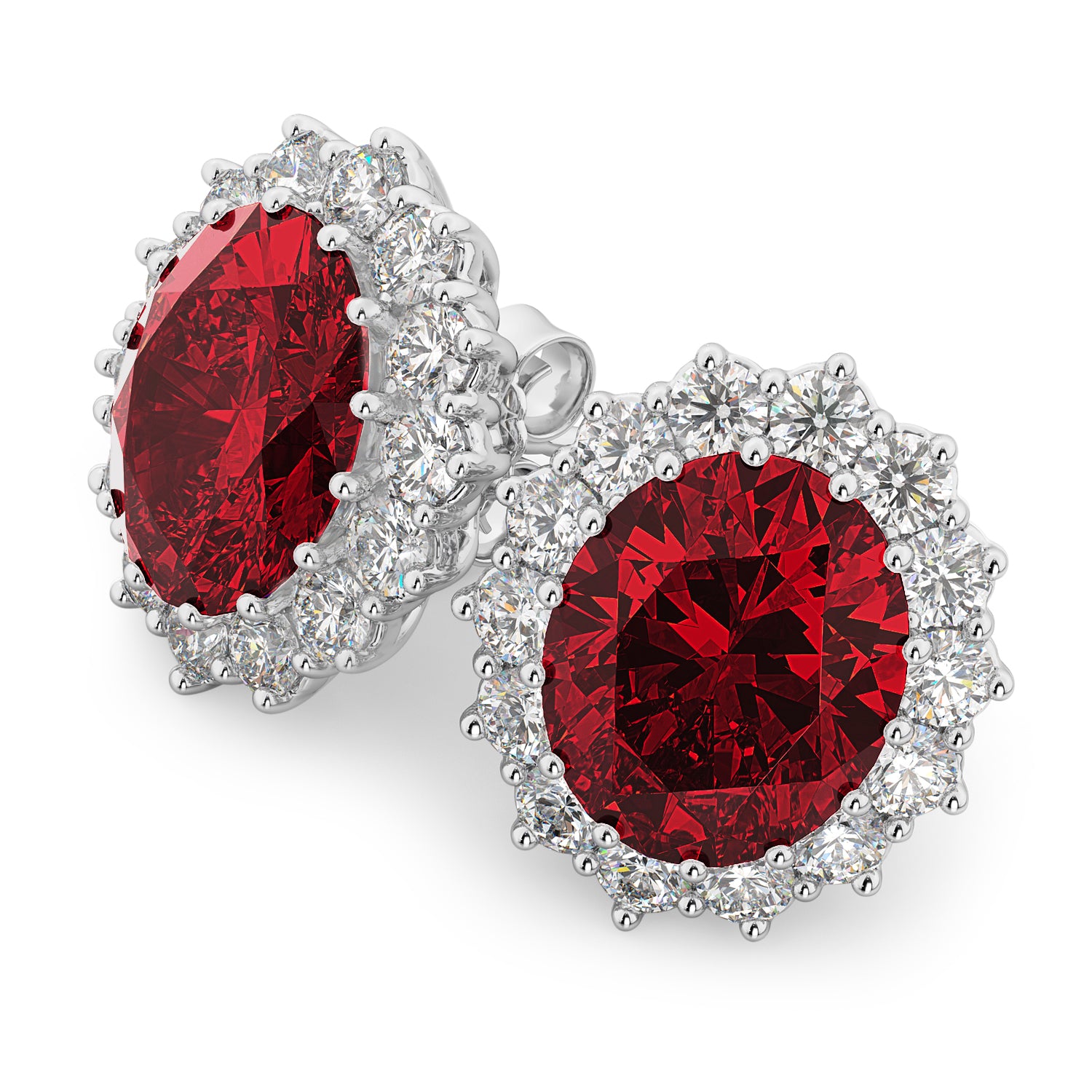 Diamond & Oval Lab Ruby Earrings 14k in White Gold (10.80ct) Top View