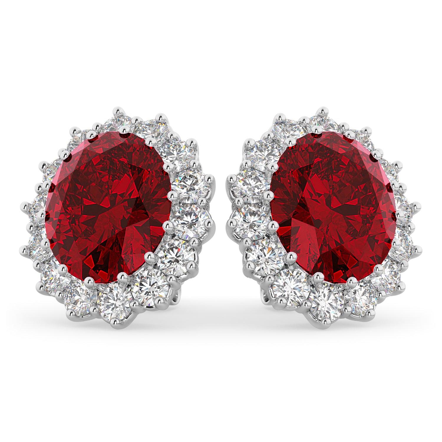 Diamond & Oval Lab Ruby Earrings 14k in White Gold (10.80ct) Front View