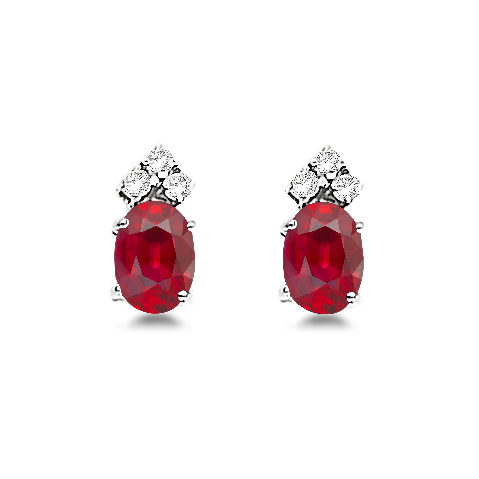Diamond & Oval Ruby Stud Earrings in 14k White Gold (1.24ct)