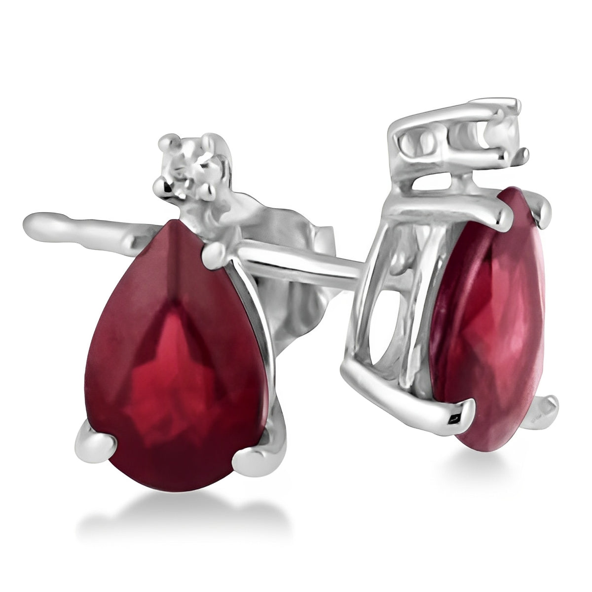 Diamond & Pear Ruby Teardrop Stud Earrings 14K White Gold (0.72tcw) Front Side View