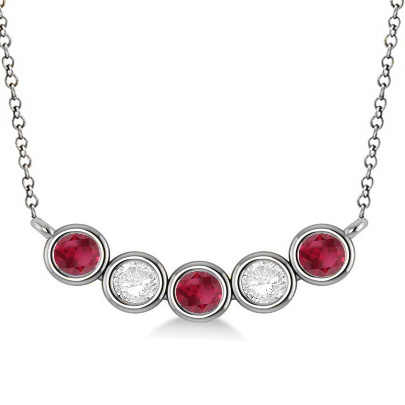 5-Stone Ruby & Diamond Bezel Bar Pendant Necklace in 14K White Gold (1.00ct Total) front view