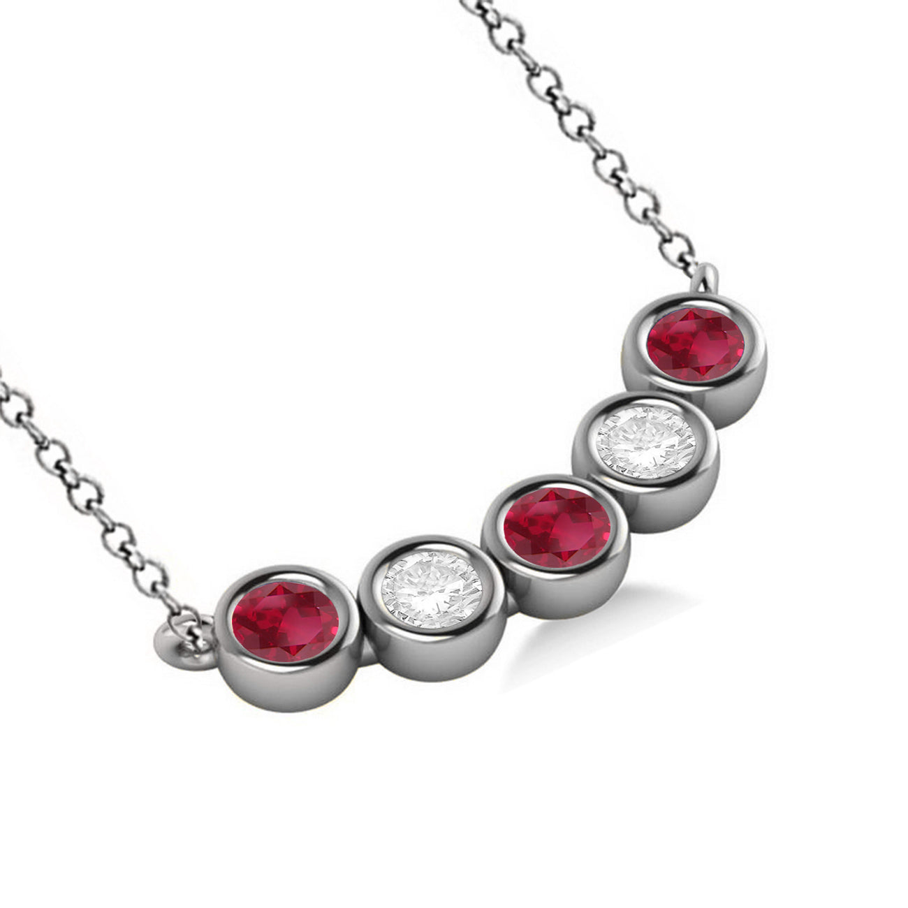 5-Stone Ruby & Diamond Bezel Bar Pendant Necklace in 14K White Gold (1.00ct Total) angle view