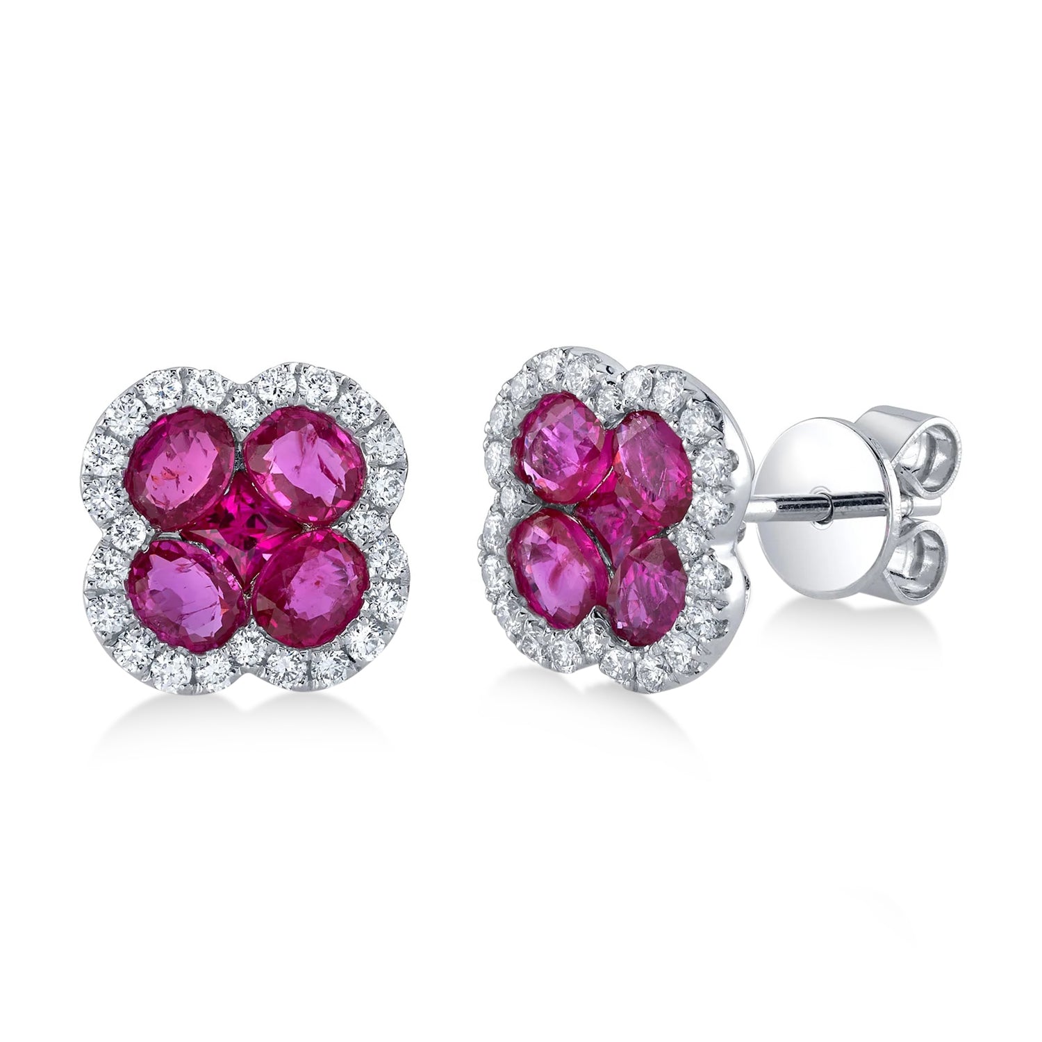 Diamond & Ruby Clover Stud Earrings in 14K White Gold (2.36ct) Front and Side View