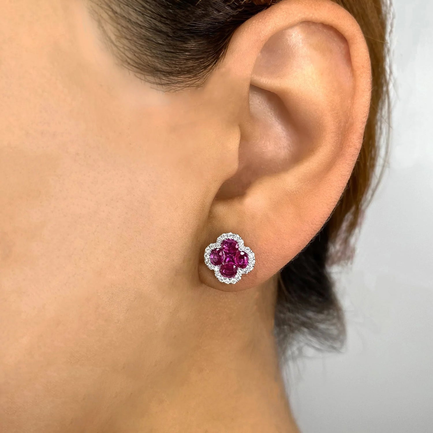 Diamond & Ruby Clover Stud Earrings in 14K White Gold (2.36ct) on Woman