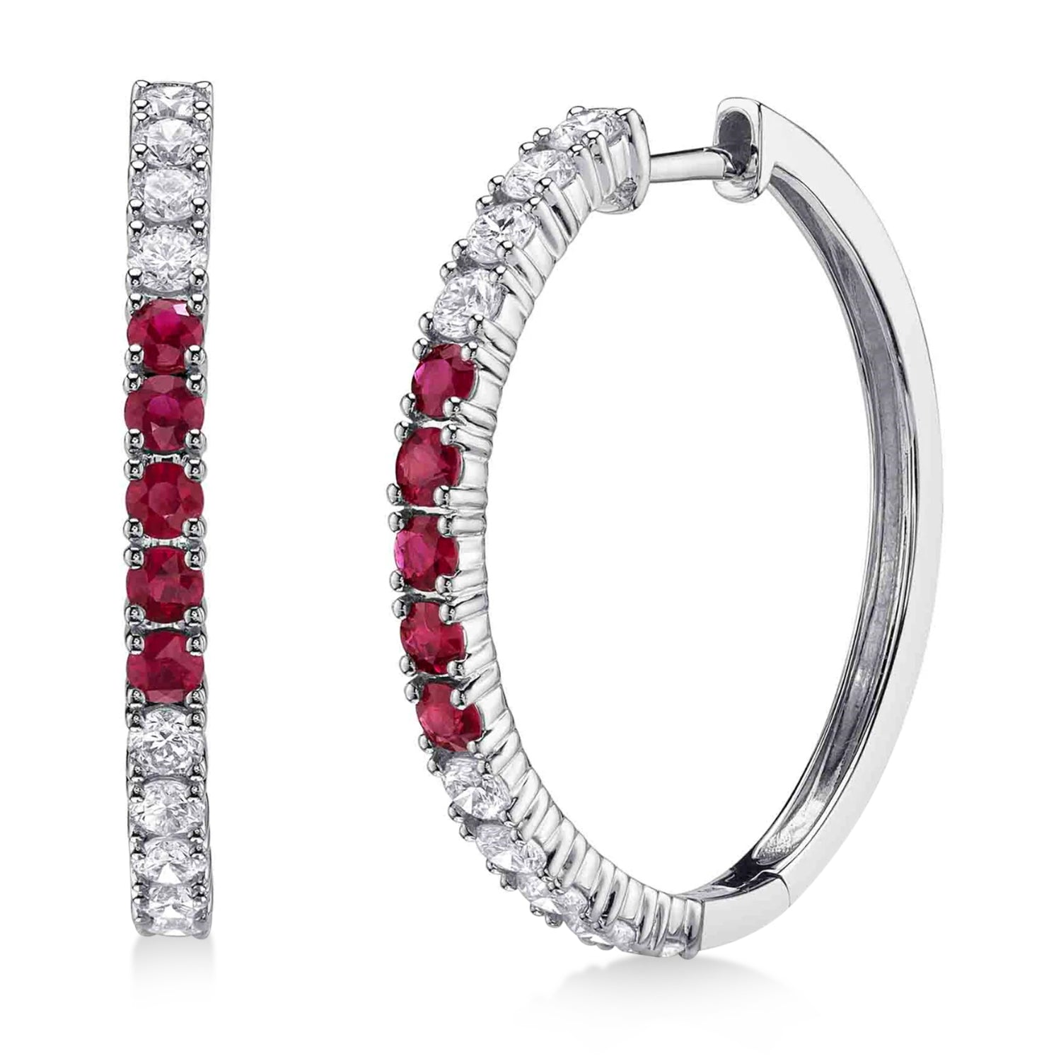 Diamond & Ruby Hoop Earrings in 14K White Gold (1.51ct) Side View 2