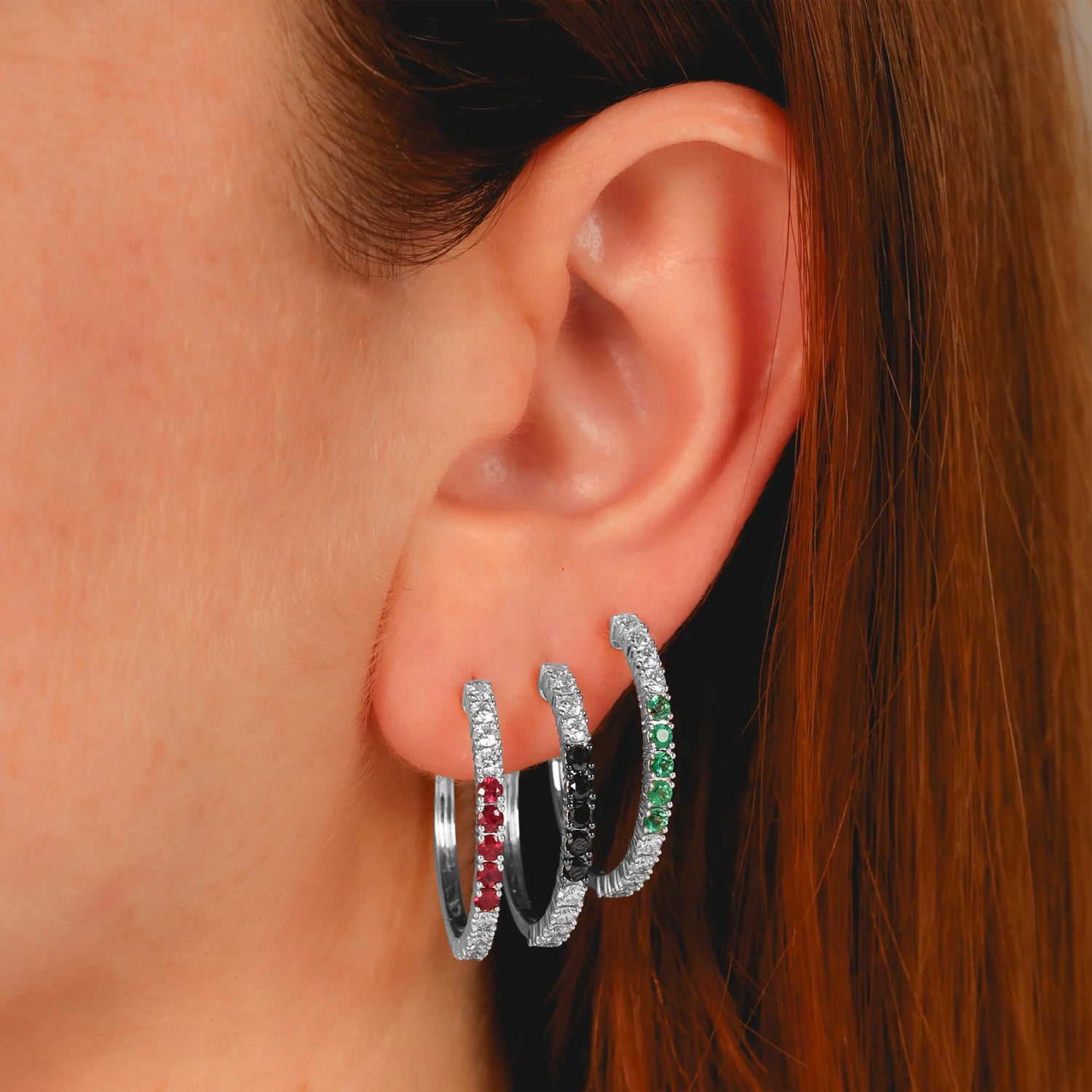 Diamond & Ruby Hoop Earrings in 14K White Gold (1.51ct) on Woman