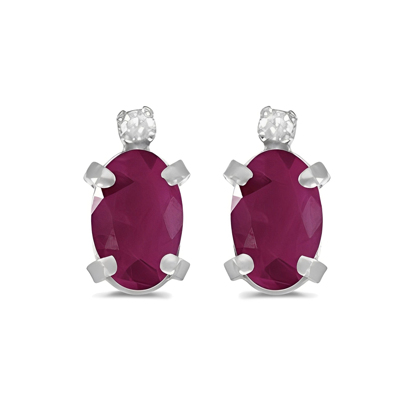 Diamond and Oval Ruby Stud Earrings in 14k White Gold (1.20ct) Front View