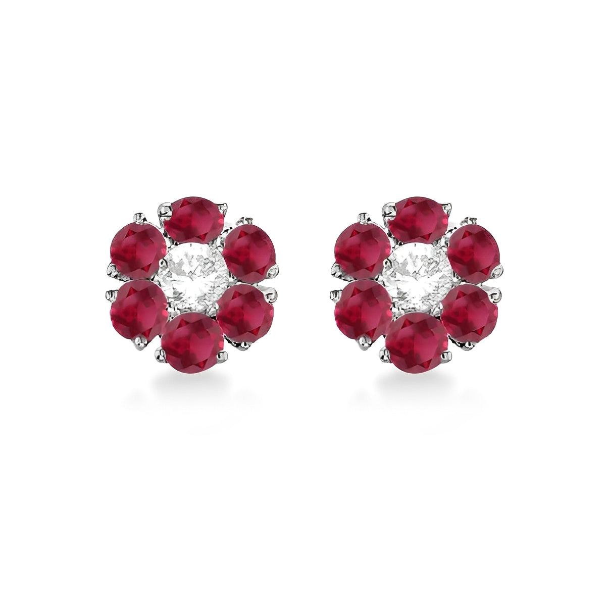 Diamond and Ruby Flower Cluster Earrings in 14K White Gold (1.67 ctw) Front View