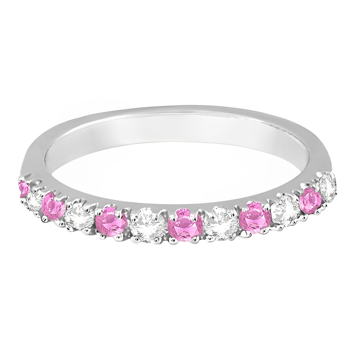 Diamond and Pink Sapphire Ring Guard Stackable 14k White Gold (0.32ct) Flat View