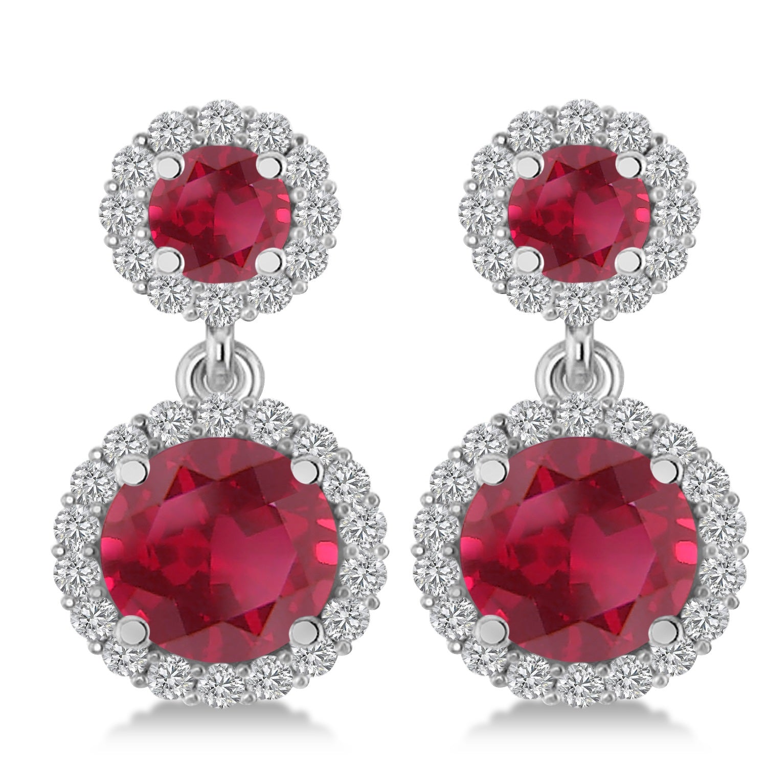 Dual Stone Dangling Diamond & Ruby Earrings in 14k White Gold (3.00ct) Front View